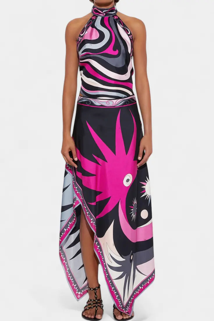 Ciana Conjunto Satén con Falda Abstracta y Top Halter Alba Madrid