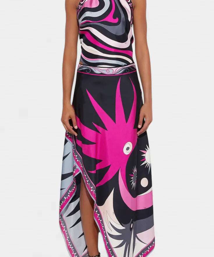 Ciana Conjunto Satén con Falda Abstracta y Top Halter Alba Madrid
