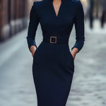 Nora | Vestido Negro con Cinturón y Cuello Mandarin Alba Madrid