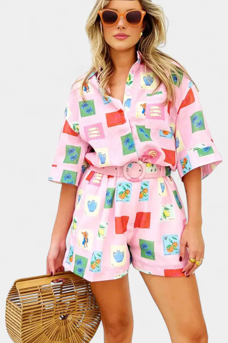 Mariluz Conjunto de Camisa y Shorts con Estampado Rosa Alba Madrid