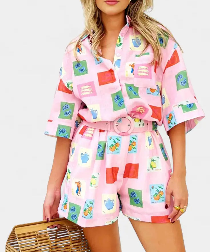 Mariluz Conjunto de Camisa y Shorts con Estampado Rosa Alba Madrid