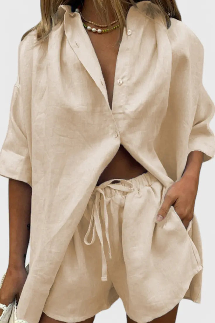 Anika Conjunto de Dos Piezas con Camisa de Botones y Pantalones Cortos con Cuerda Alba Madrid