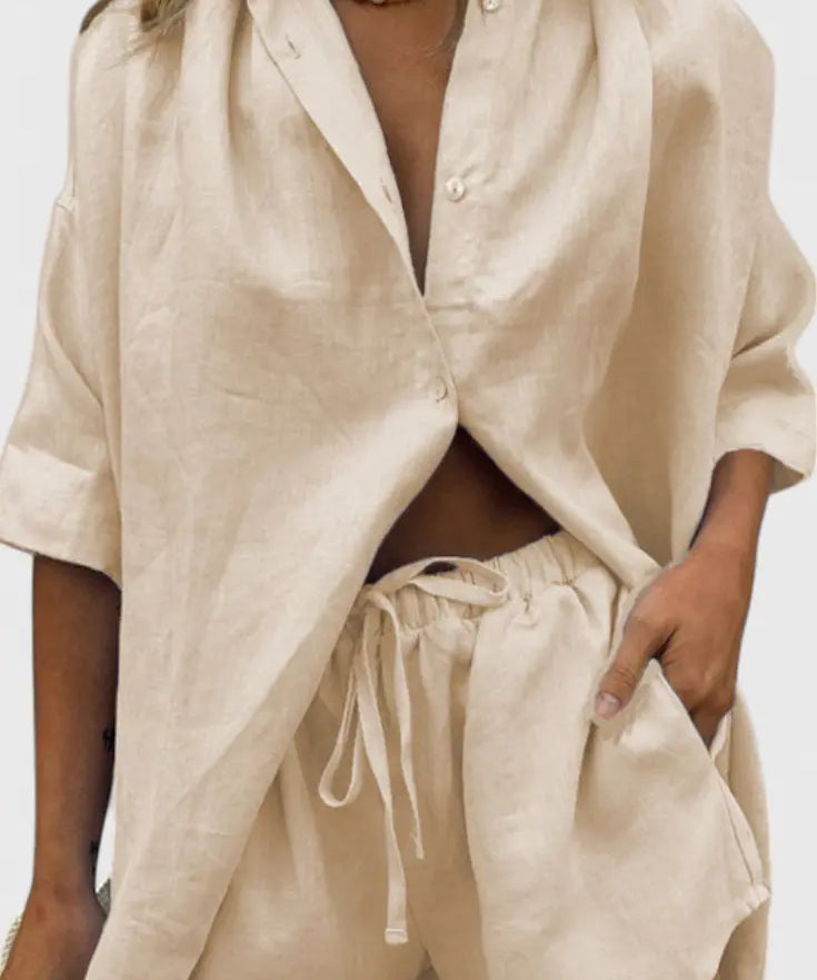 Anika Conjunto de Dos Piezas con Camisa de Botones y Pantalones Cortos con Cuerda Alba Madrid