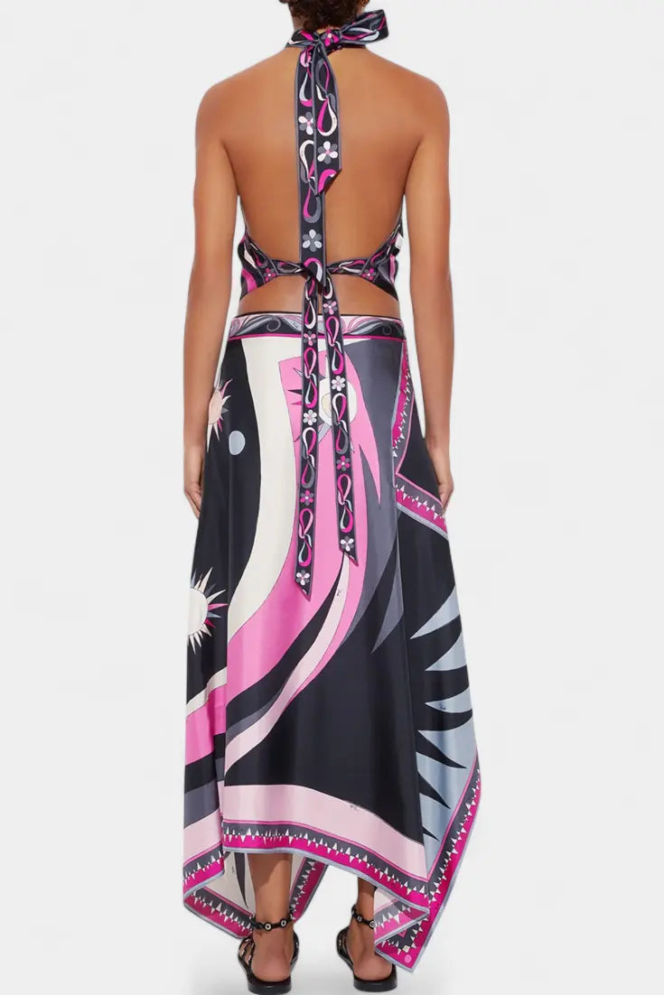 Ciana Conjunto Satén con Falda Abstracta y Top Halter Alba Madrid