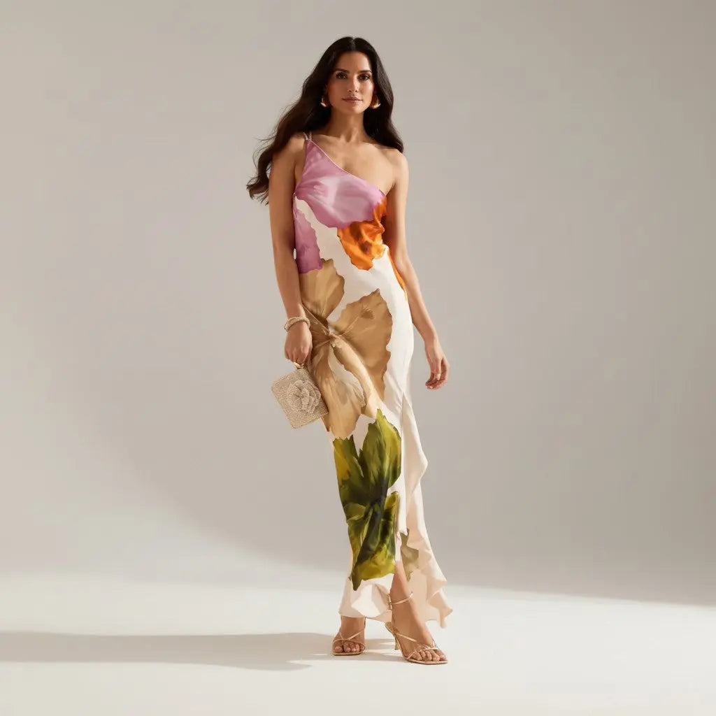 Nuria - Vestido Chic con Detalles de Patchwork y Cuello Asimétrico Alba Madrid