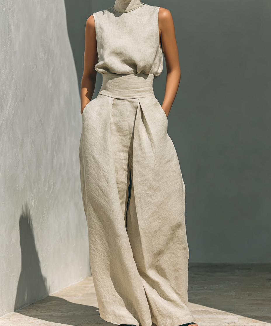 Conjunto compuesto por blusa sin mangas y pantalones de pierna ancha en mezcla de algodón y lino.