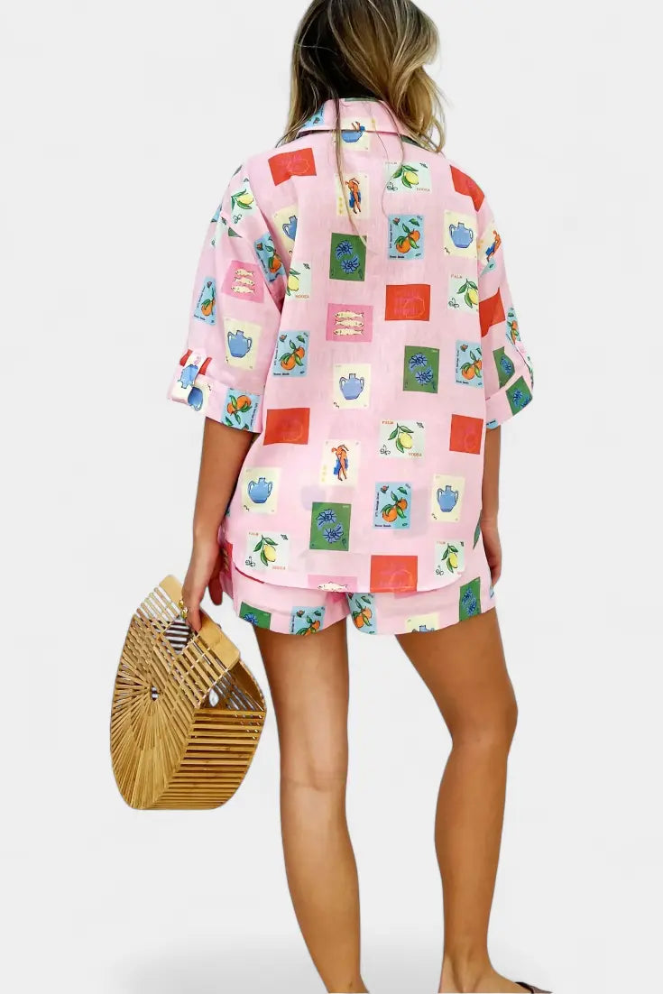 Mariluz Conjunto de Camisa y Shorts con Estampado Rosa Alba Madrid