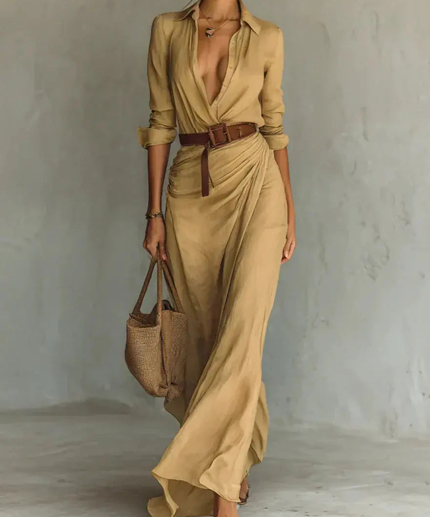 Carmen | Vestido maxi con solapa y cinturón en la cintura Alba Madrid