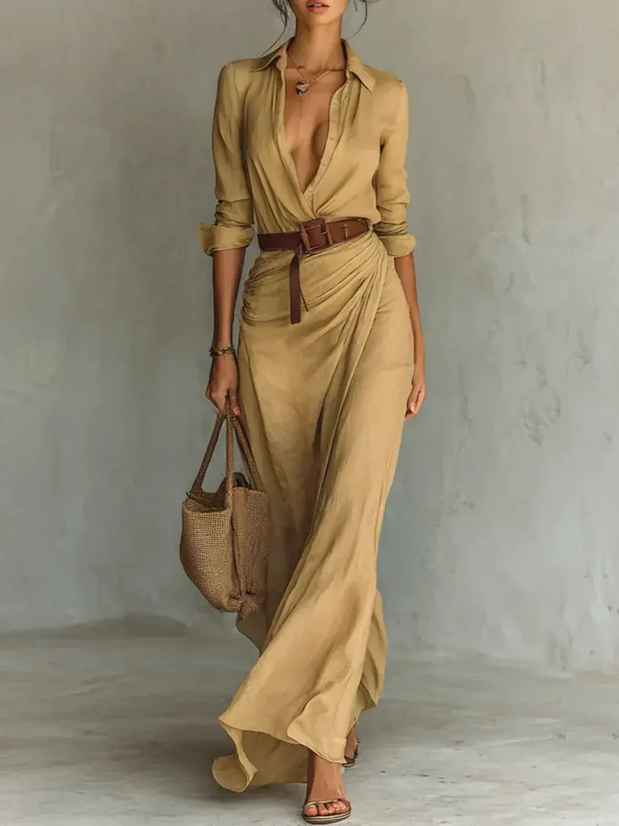 Carmen | Vestido maxi con solapa y cinturón en la cintura Alba Madrid