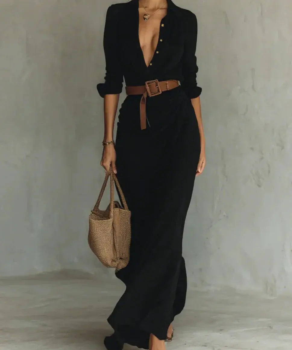 Carmen | Vestido maxi con solapa y cinturón en la cintura Alba Madrid