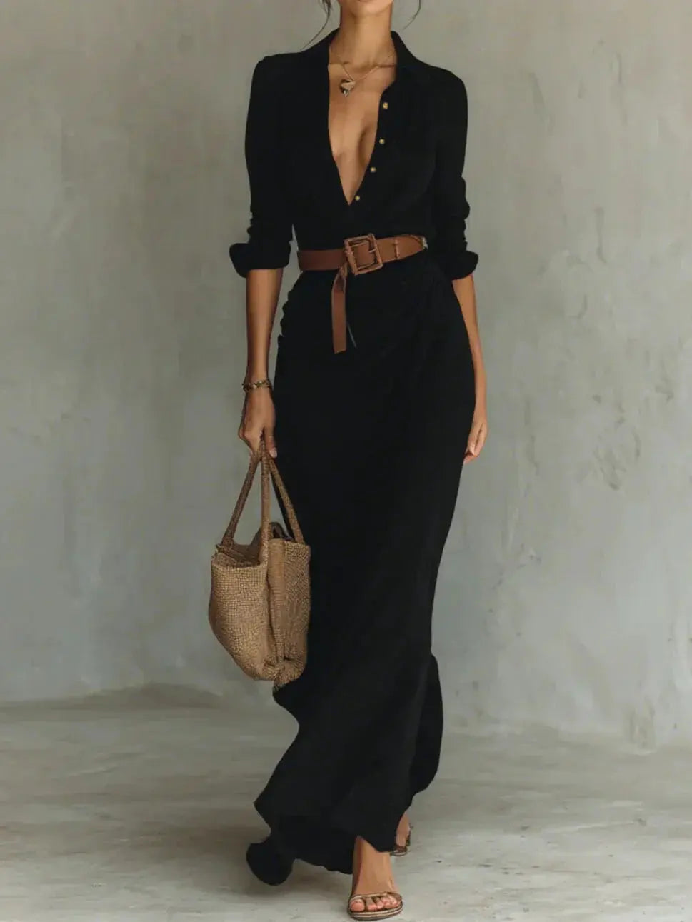 Carmen | Vestido maxi con solapa y cinturón en la cintura Alba Madrid