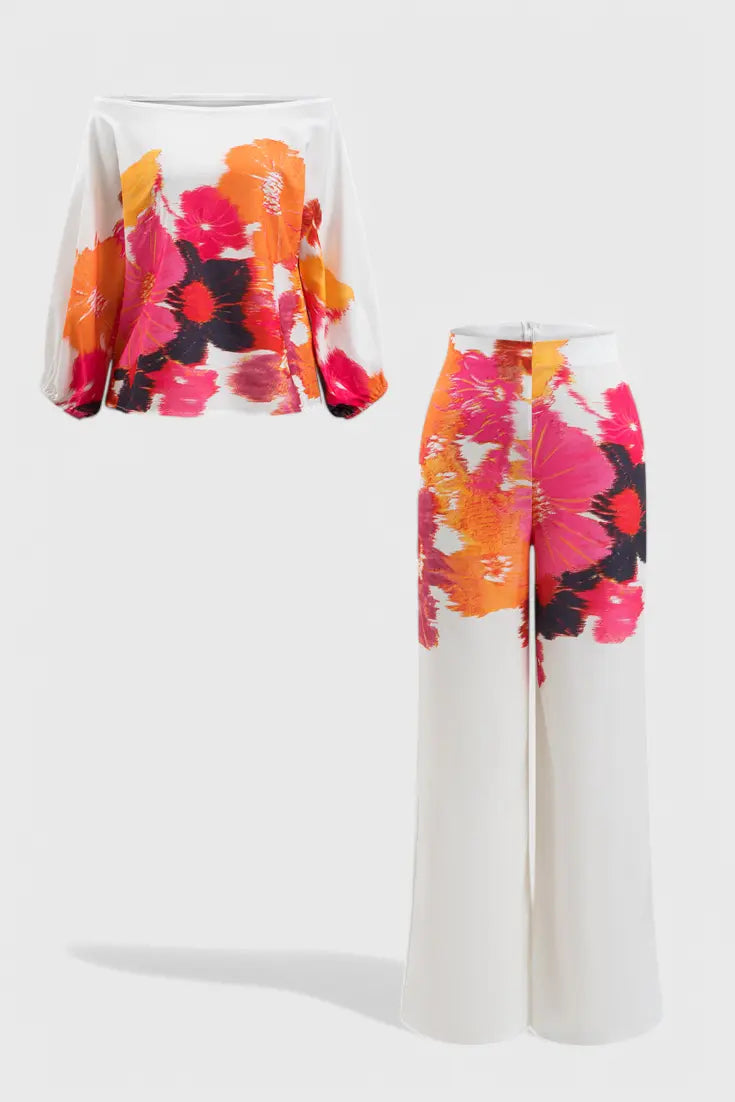Sybella Conjunto de Dos Piezas con Hombros Descubiertos y Pantalones Amplios Estampados Alba Madrid