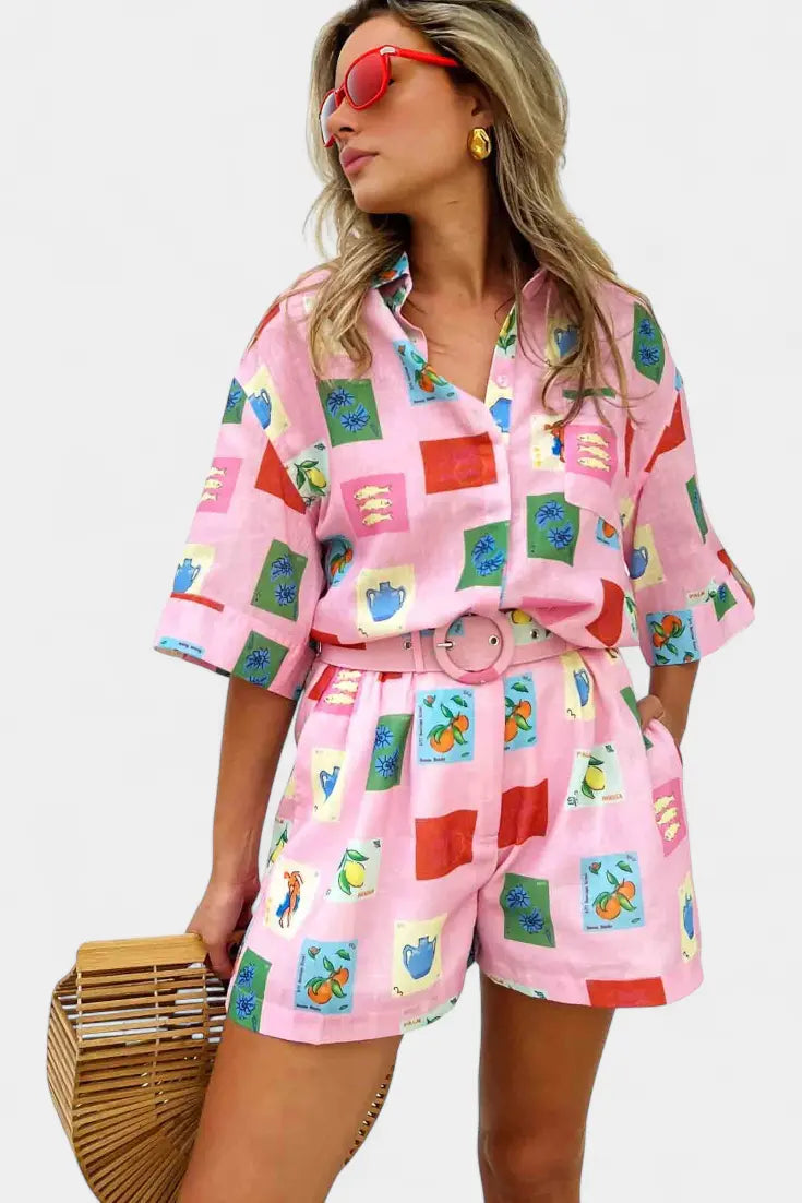 Mariluz Conjunto de Camisa y Shorts con Estampado Rosa Alba Madrid