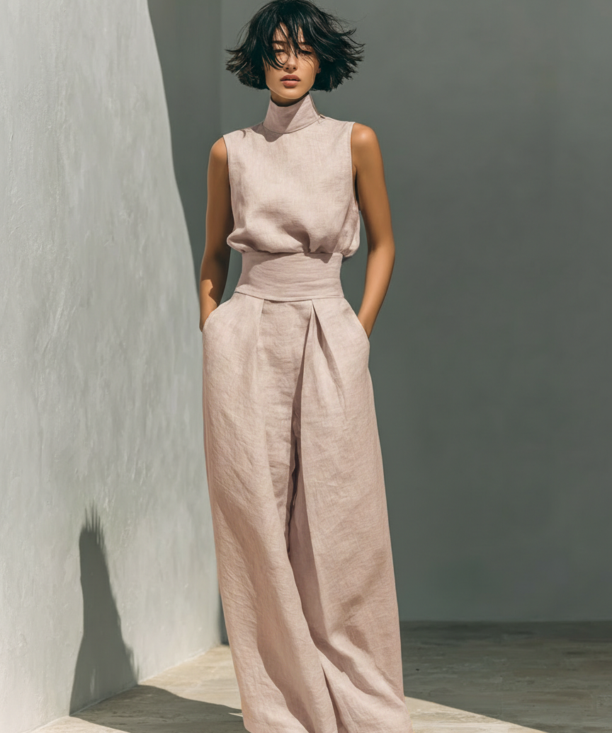 Conjunto compuesto por blusa sin mangas y pantalones de pierna ancha en mezcla de algodón y lino.