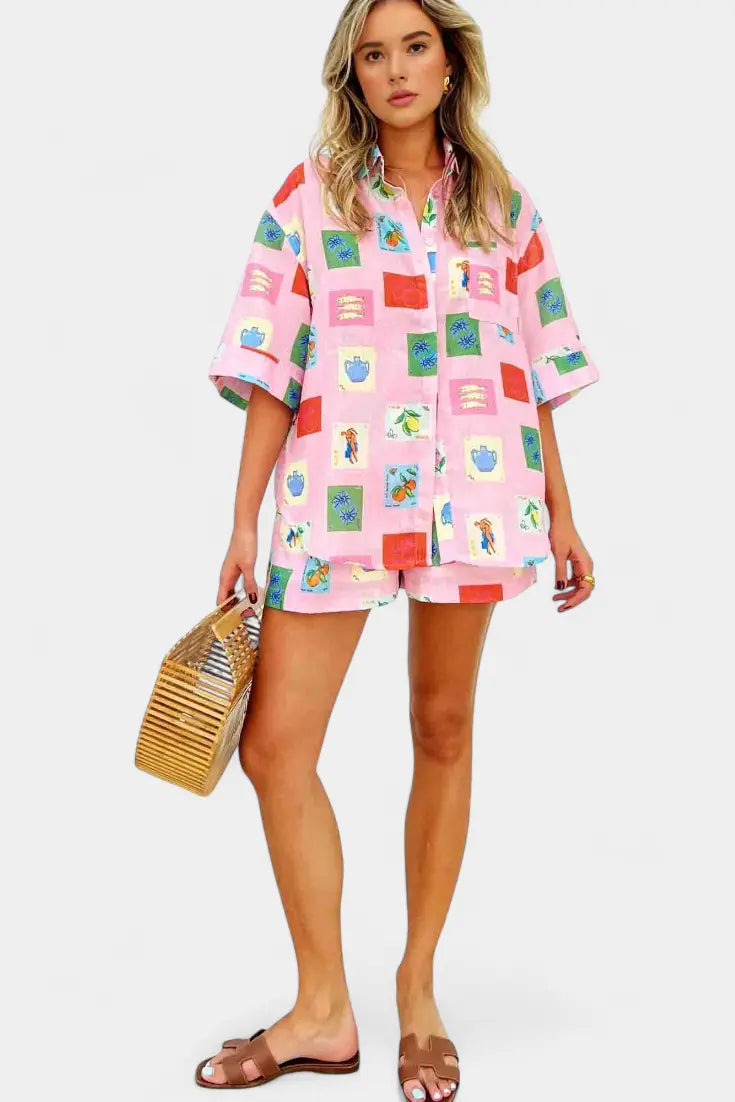 Mariluz Conjunto de Camisa y Shorts con Estampado Rosa Alba Madrid
