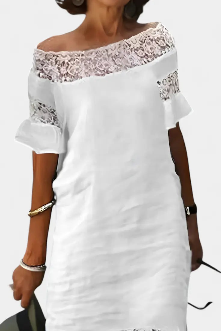 Inés - Vestido de lino casual con encaje y escote barco Alba Madrid