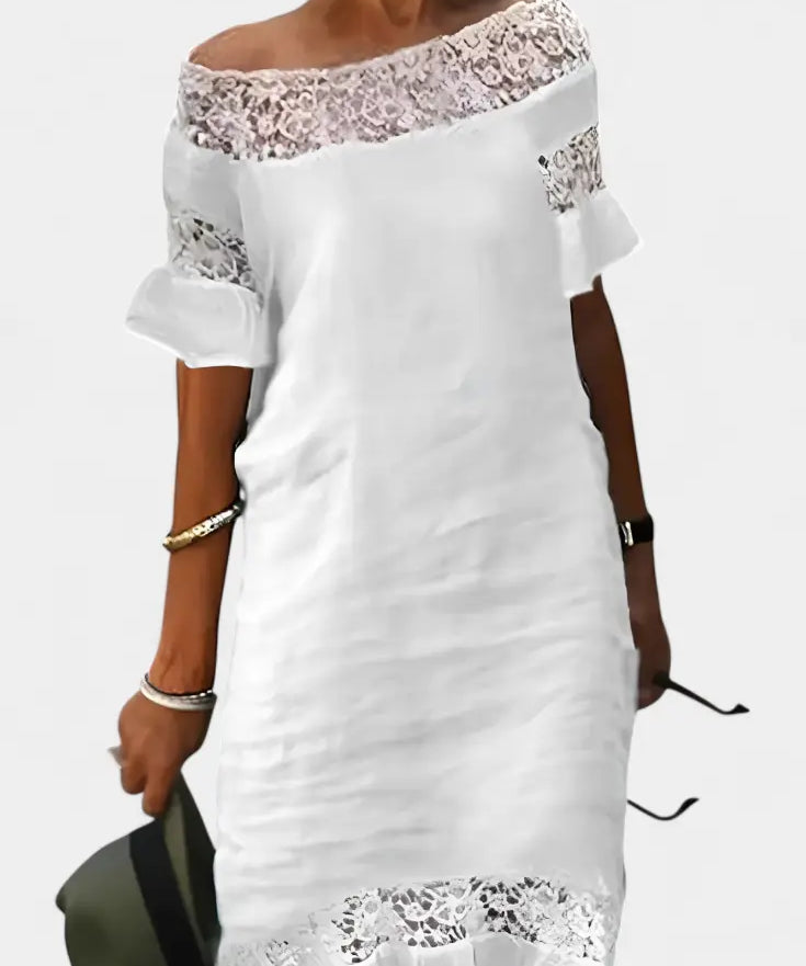 Inés - Vestido de lino casual con encaje y escote barco Alba Madrid