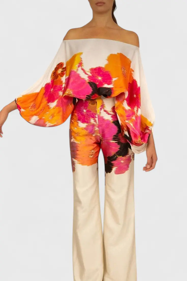 Sybella Conjunto de Dos Piezas con Hombros Descubiertos y Pantalones Amplios Estampados Alba Madrid