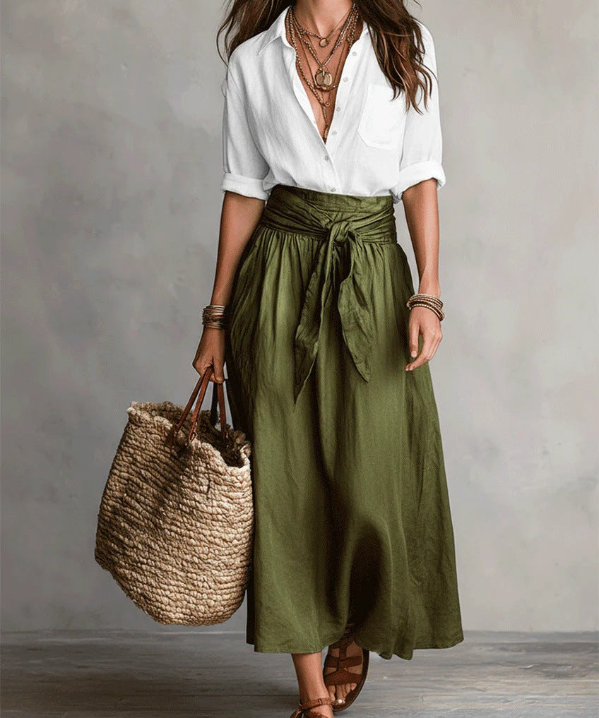 Vera – Conjunto de dos piezas: camiseta negra y falda midi verde oliva