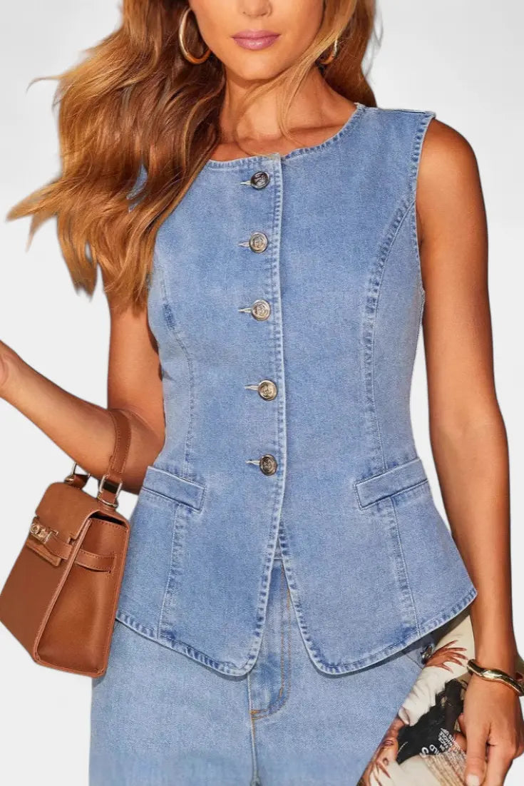 Ludovica Conjunto de Denim con Chaleco Ajustado y Jeans de Pierna Ancha Alba Madrid