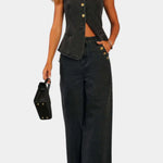 Ludovica Conjunto de Denim con Chaleco Ajustado y Jeans de Pierna Ancha Alba Madrid