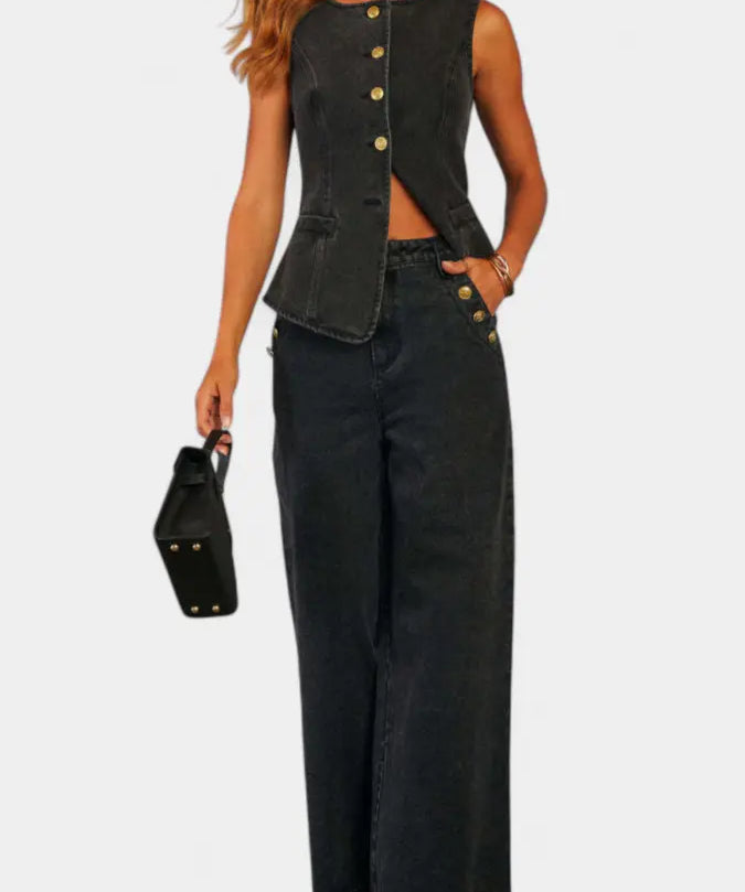 Ludovica Conjunto de Denim con Chaleco Ajustado y Jeans de Pierna Ancha Alba Madrid