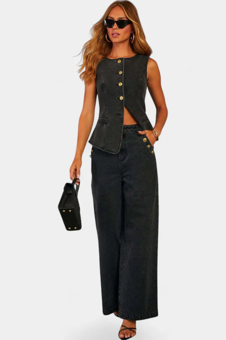Ludovica Conjunto de Denim con Chaleco Ajustado y Jeans de Pierna Ancha Alba Madrid