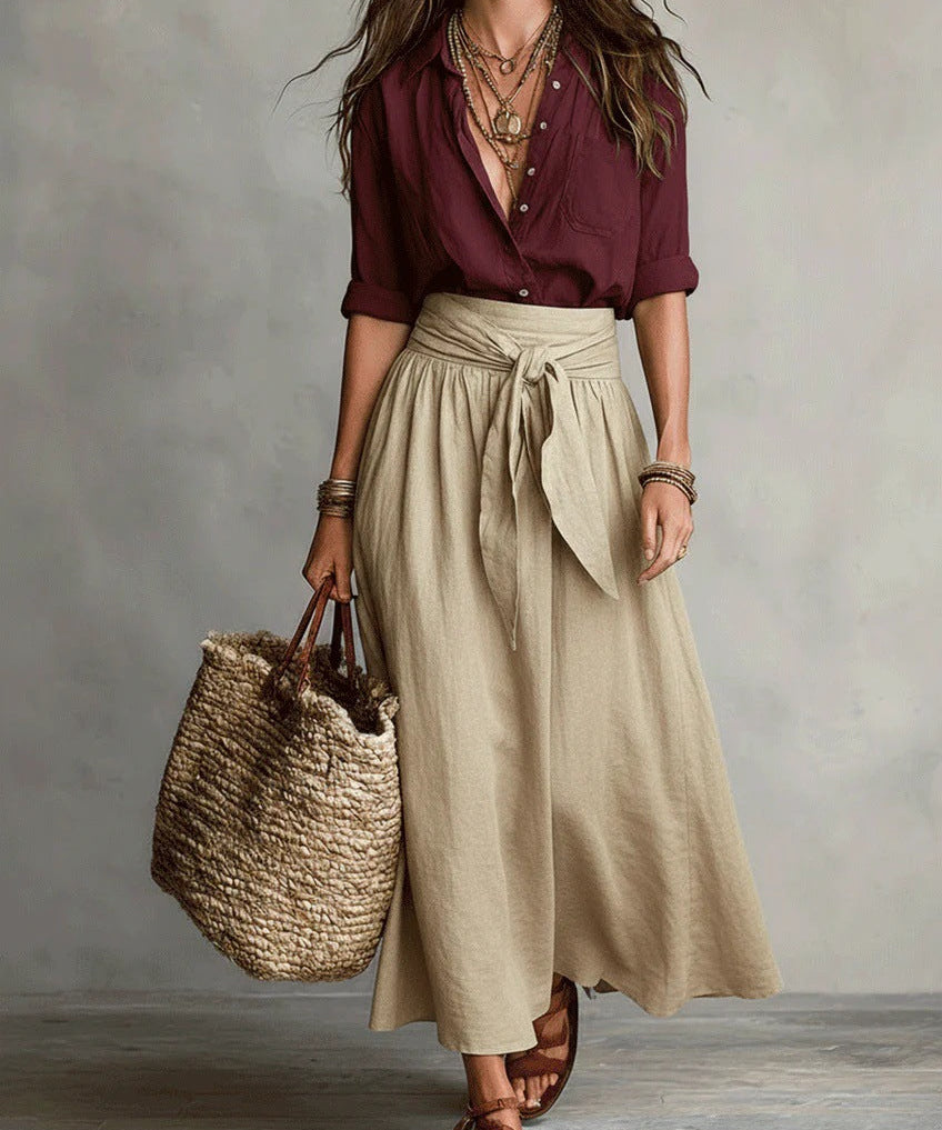 Vera – Conjunto de dos piezas: camiseta negra y falda midi verde oliva