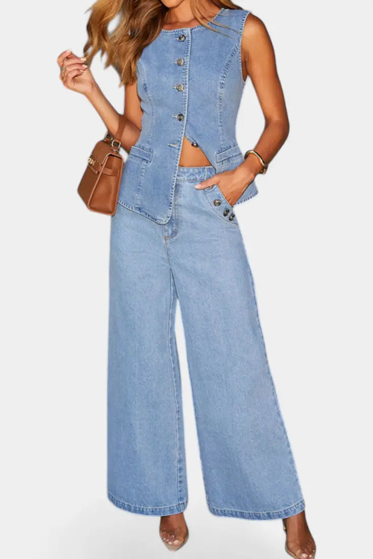Ludovica Conjunto de Denim con Chaleco Ajustado y Jeans de Pierna Ancha Alba Madrid