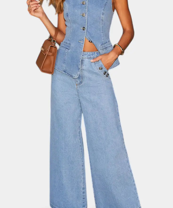 Ludovica Conjunto de Denim con Chaleco Ajustado y Jeans de Pierna Ancha Alba Madrid