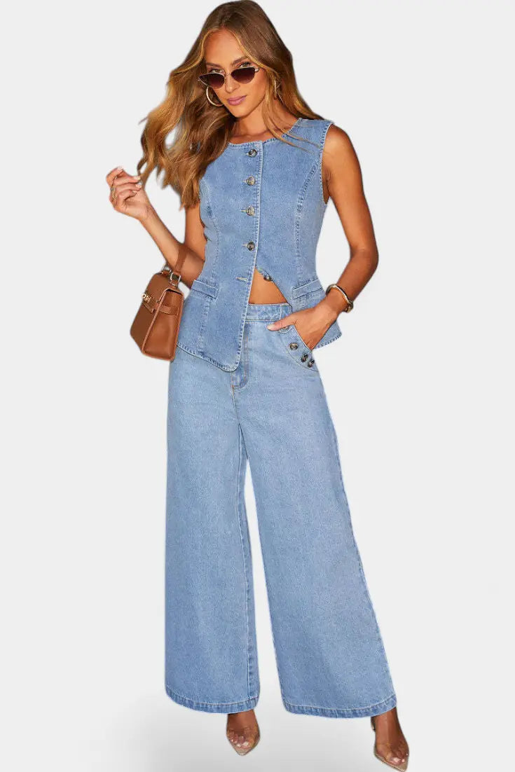 Ludovica Conjunto de Denim con Chaleco Ajustado y Jeans de Pierna Ancha Alba Madrid