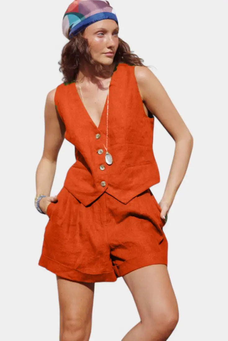 Jennifer Conjunto Chaleco y Pantalones Cortos de Lino Algodón Alba Madrid
