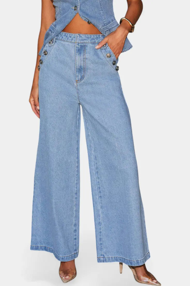 Ludovica Conjunto de Denim con Chaleco Ajustado y Jeans de Pierna Ancha Alba Madrid