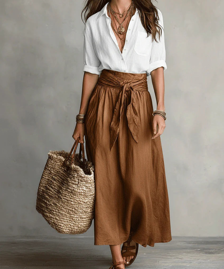Vera – Conjunto de dos piezas: camiseta negra y falda midi verde oliva