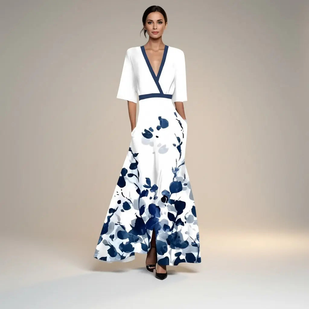 Marina - Vestido Largo con Estampado y Cuello en V Elegante Alba Madrid