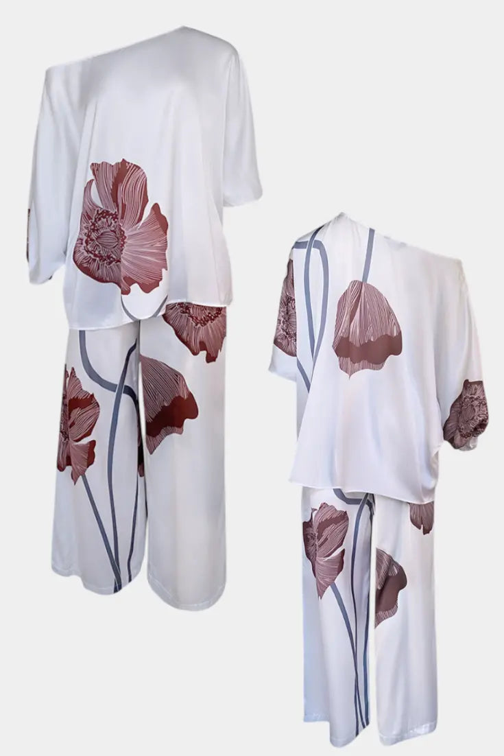 Sybella | Conjunto Floral de Dos Piezas con Hombro Descubierto y Pantalón Recto Alba Madrid