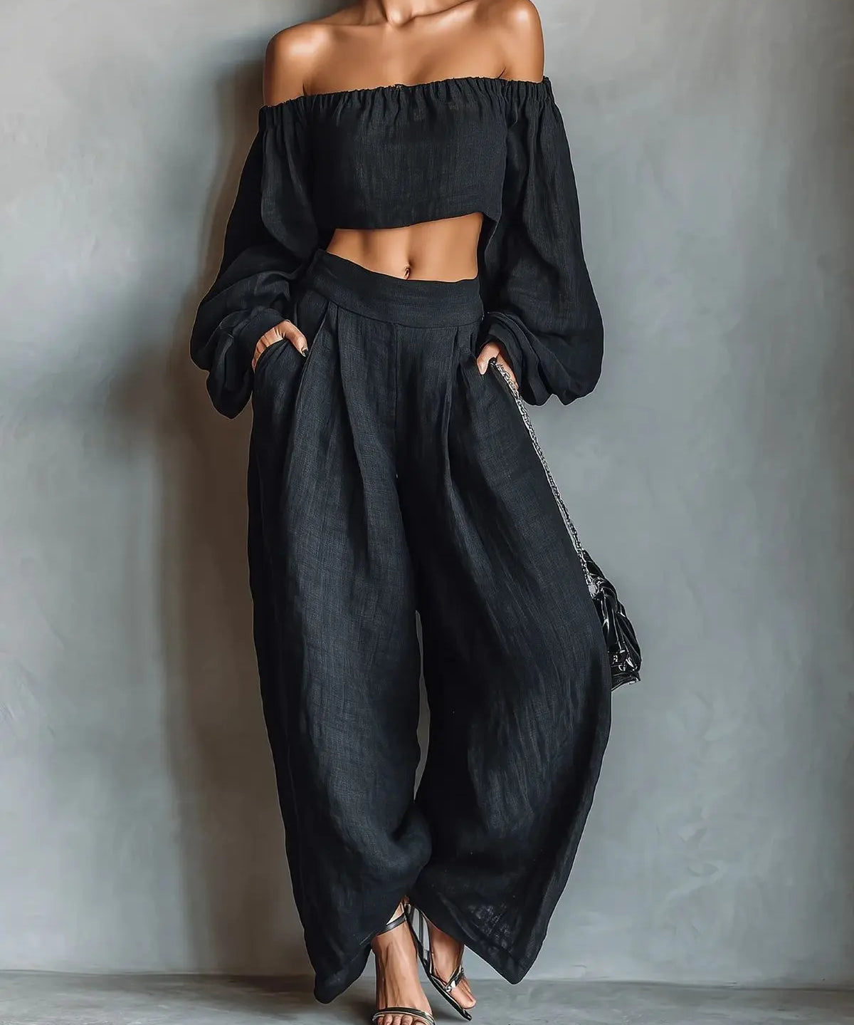 Carmen | Conjunto de hombros al descubierto con pantalón ancho Alba Madrid
