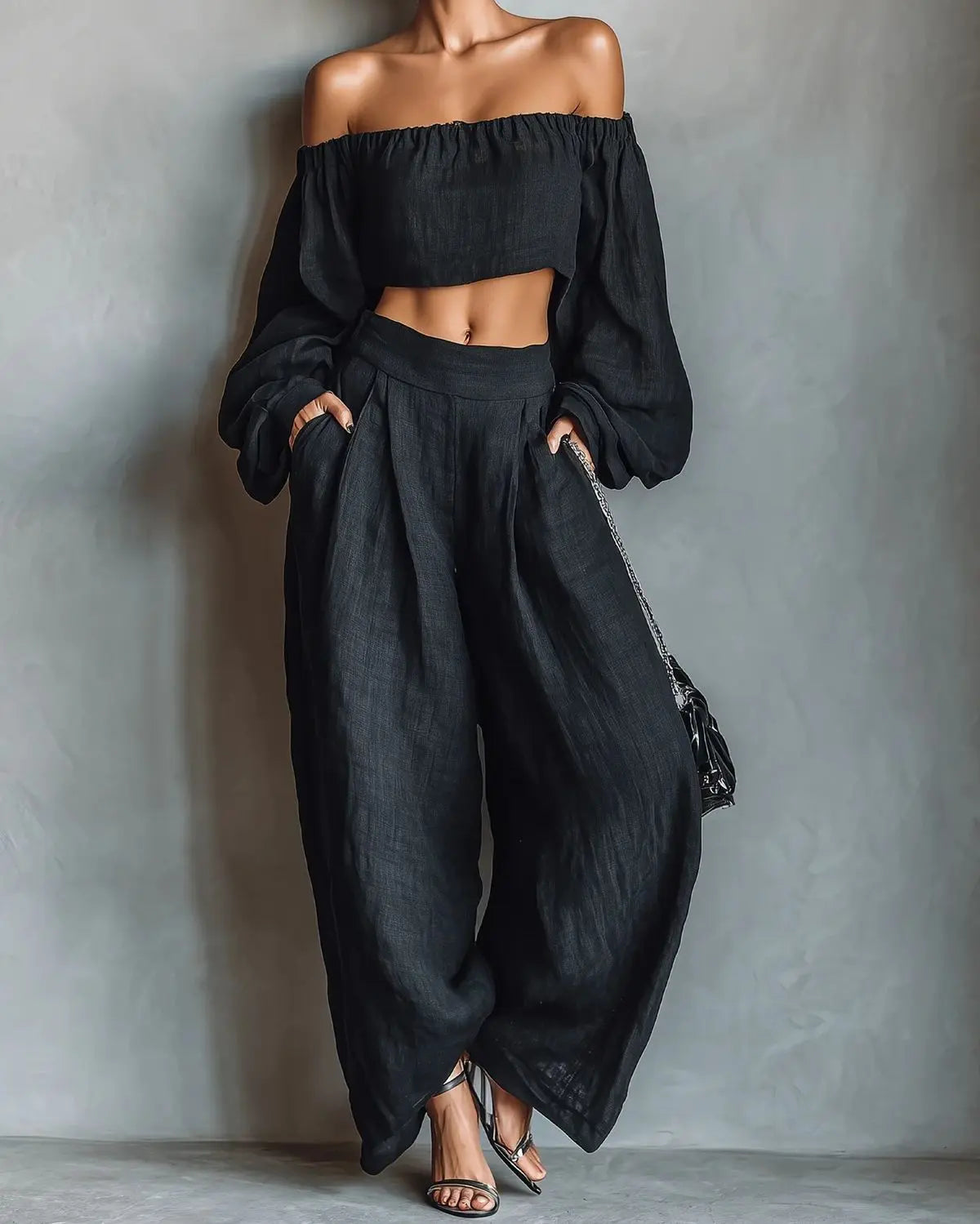 Carmen | Conjunto de hombros al descubierto con pantalón ancho Alba Madrid