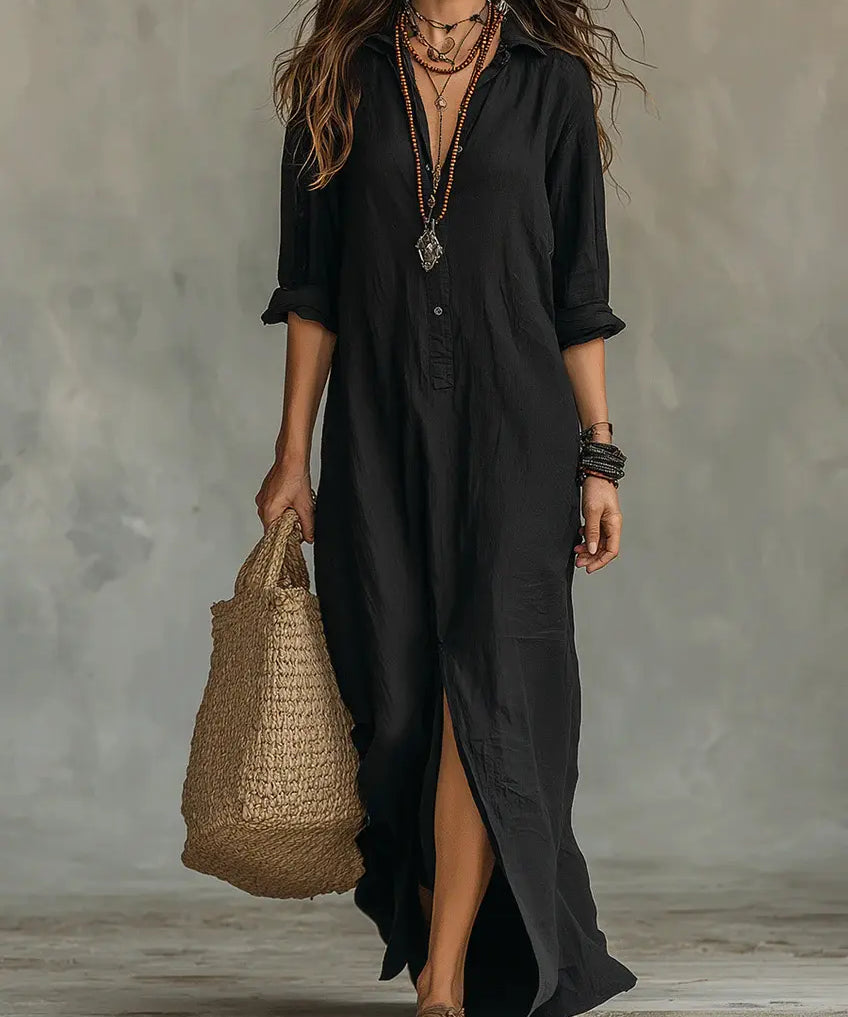 Carmen | Vestido maxi negro holgado con botones Alba Madrid