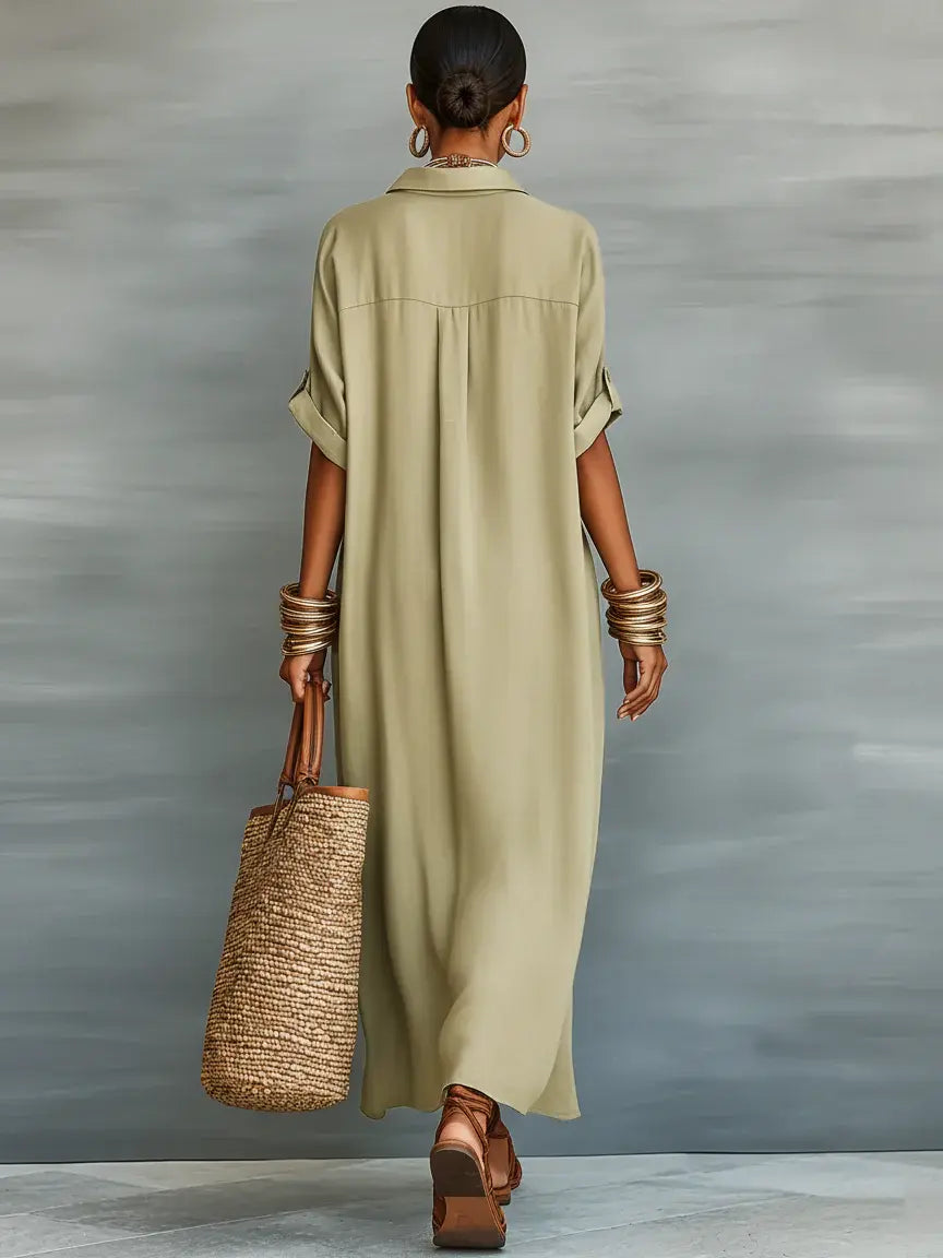 Carmen | Vestido maxi verde oliva con línea minimalista Alba Madrid