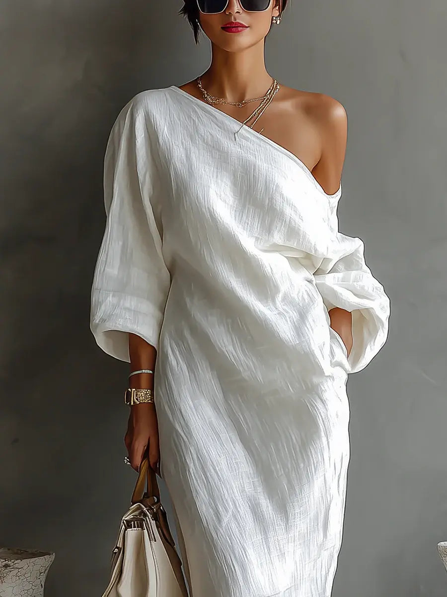 Carmen | Elegante vestido maxi de un solo hombro en blanco Alba Madrid