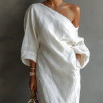 Carmen | Elegante vestido maxi de un solo hombro en blanco Alba Madrid