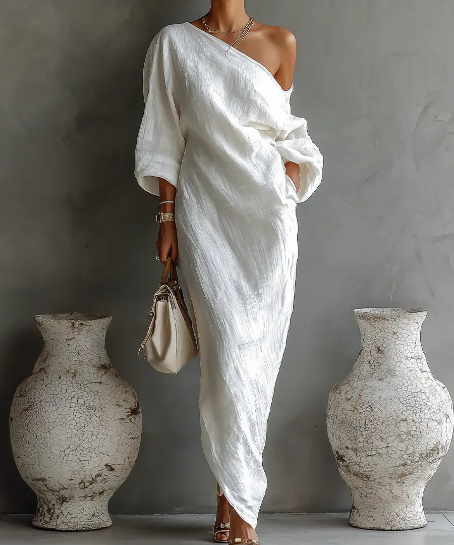 Carmen | Elegante vestido maxi de un solo hombro en blanco Alba Madrid