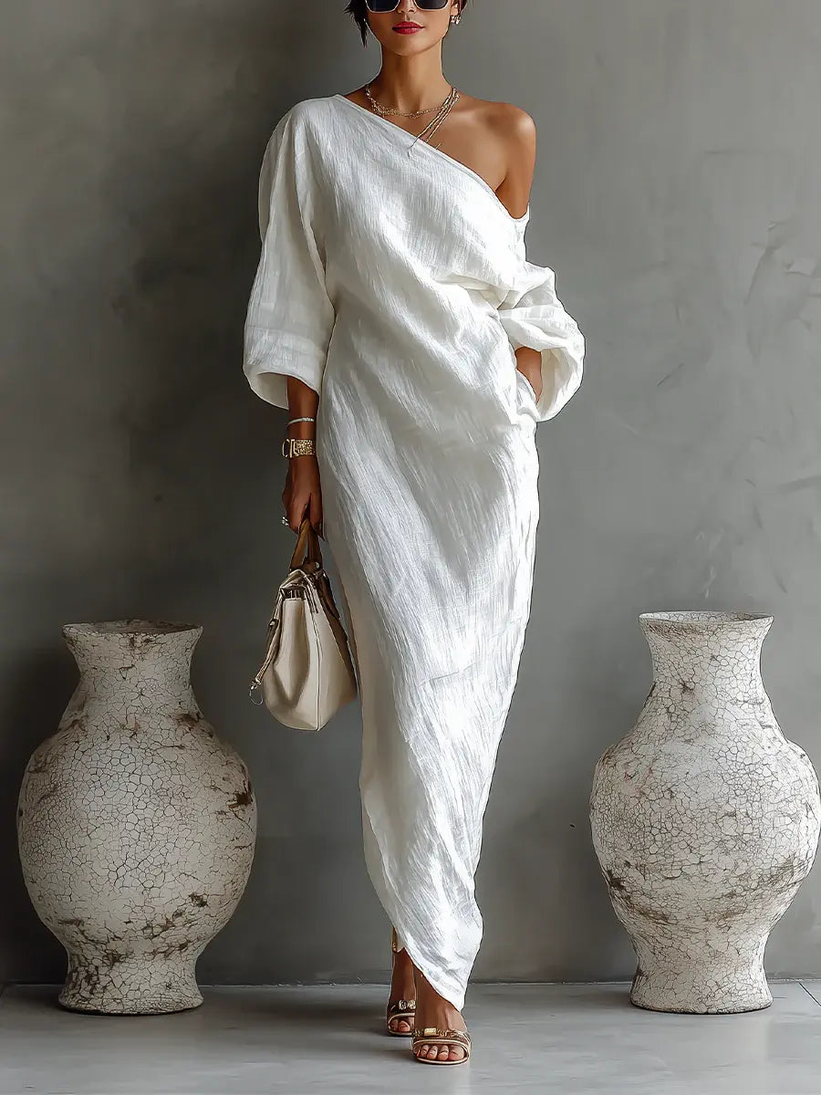 Carmen | Elegante vestido maxi de un solo hombro en blanco Alba Madrid