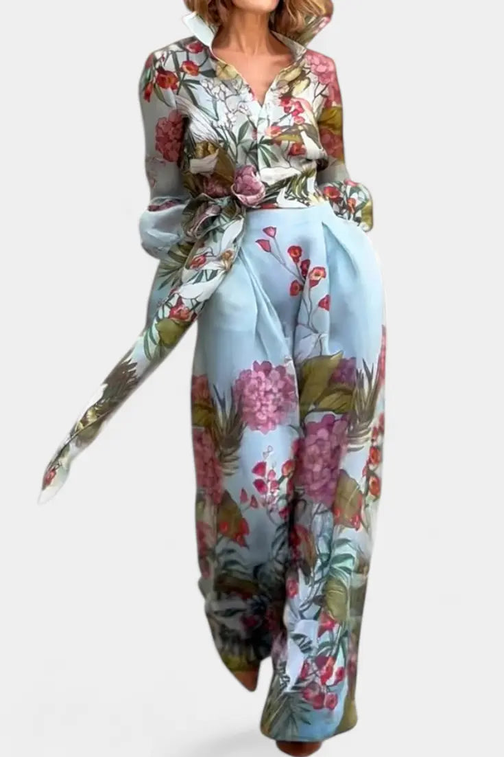 Sanne Conjunto Elegante Estampado de Camisa y Pantalón Fluido Alba Madrid