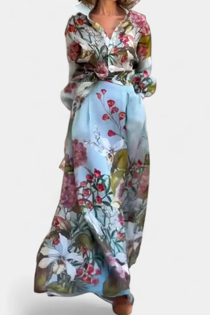 Sanne Conjunto Elegante Estampado de Camisa y Pantalón Fluido Alba Madrid