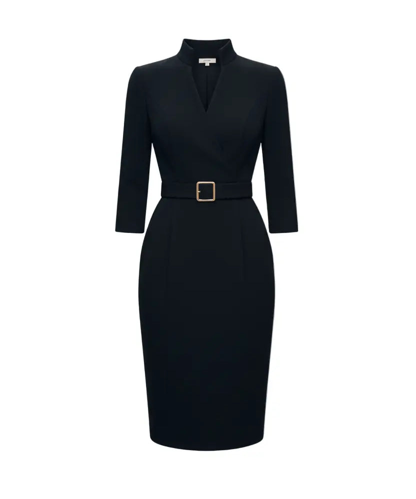 Nora | Vestido Negro con Cinturón y Cuello Mandarin Alba Madrid