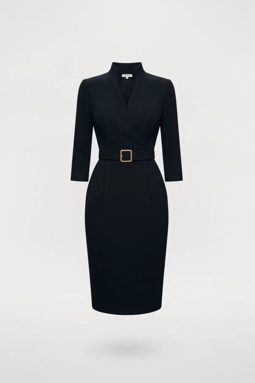 Nora | Vestido Negro con Cinturón y Cuello Mandarin Alba Madrid