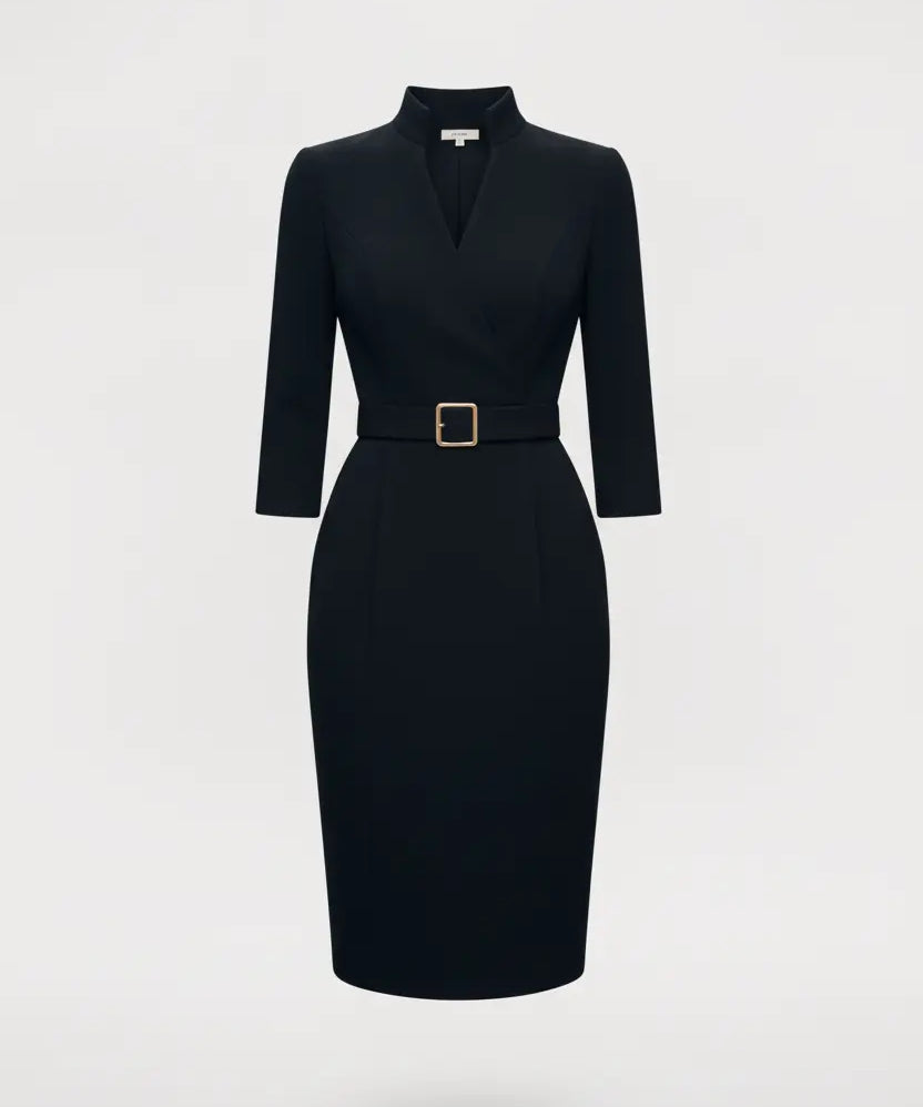 Nora | Vestido Negro con Cinturón y Cuello Mandarin Alba Madrid