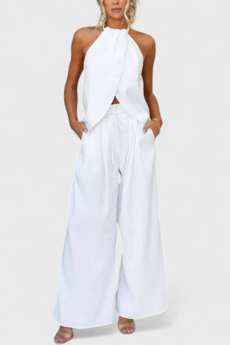 Bernadina Conjunto de Lino con Top de Abertura Frontal y Pantalón de Pierna Ancha Alba Madrid
